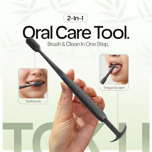 Image of TOKII Tongue Scraper & Tongue Cleaner for Adults, 2-in-1 Toothbrush with Sliding Tongue Scraper, Charcoal Ultra Soft Bristles, Ayurvedic-Inspired, Includes Travel Toothbrush, Stand & Waterproof Pouch