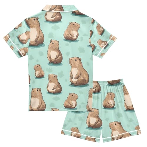 senya Cute Capybara Pattern 1 Satin Summer Pajama Sets Silk Short Sleeve Button Down Sleepwear2