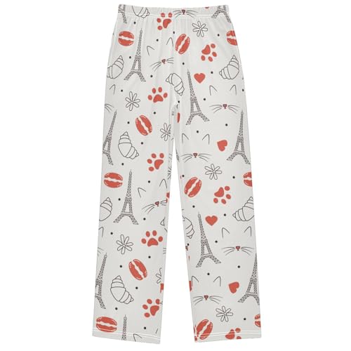 Boy's Pants Paris Cat Paw Print Eiffel Tower Jogger Pants Elastic Waist Long Bottoms Trousers with Pockets 6-14 Y