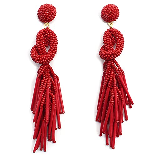 Handmade Beaded Solid Color Post Statement Earrings for Women All Season 4 inch Long
