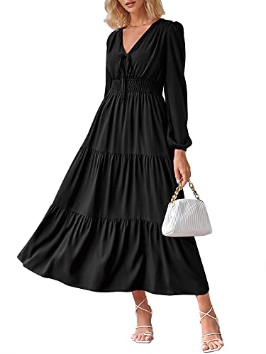 Zaful Women Lantern Sleeve V Neck Maxi Dress Solid Tie Neck Smocked High Waist Tiered Casual Flowy Swing Long Dress (1-Black, L) #TOP25