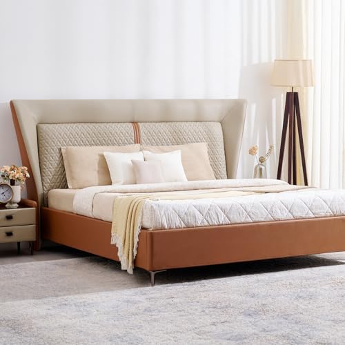 Image of Home Centre | Tiffany Caramel Faux Leather King Size Bed | Solid Wood | Beige | 1 Year Warranty