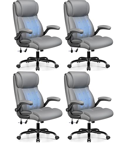 Image of BESTFAIR Ergonomic Office Chair, Adjustable Lumbar Support, High Back, Gray | Inflatable Lumbar for Custom Comfort, Flip-Up Arms, 21 inch Wide Seat, Scratch-Resistant PU Leather, Rocking Function, 4 Pack