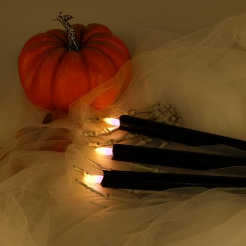 Image of JOIONE Black Flameless Taper Candles with Remote, 3 Pack Halloween Decor | Battery Operated LED, Black Real Wax, Remote Control, Warm Flickering Glow, Safe Halloween Home & Party Decor