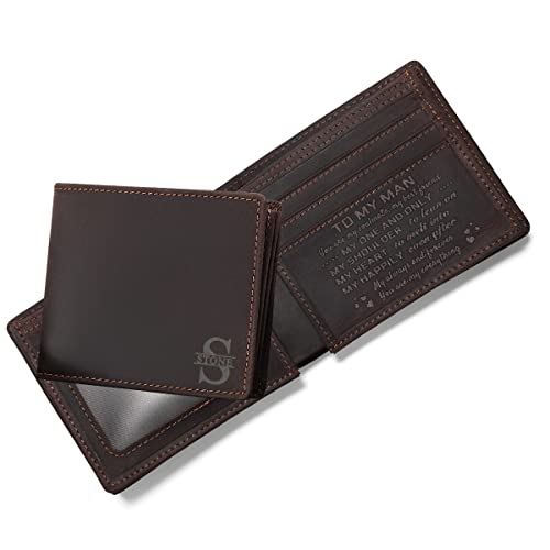 Personalized Engraved Leather Wallet for Dad Son Husband Boyfriend - Custom Logo Name Men Bifold Purse with Love Message - Fathers Day Birthday Valentines Christmas Anniversary Graduation Wedding Gift