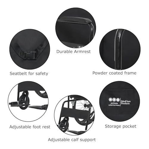Image of Antara AGEasy (Max Group) Foldable Wheelchair for Old people, Adults & Patients | Sturdy Frame, Lightweight, Wide Seat, Spoke Wheels, Adjustable Footrest and Seatbelt for Safety (WheelAssist - Black)