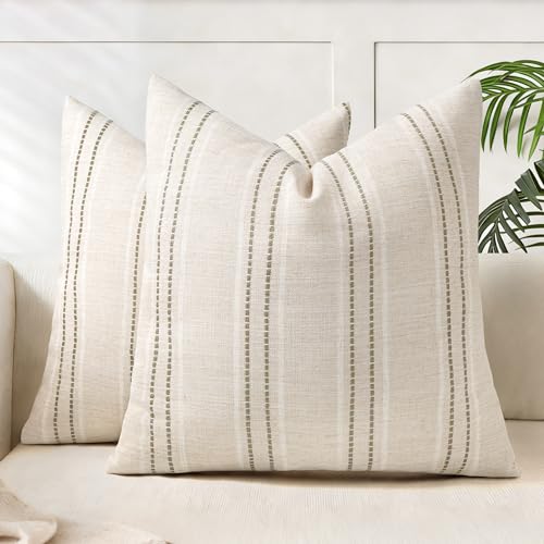 AELS 18x18 Decorative Farmhouse Linen Blend Throw Pillow Covers, Boho Textured Pillow Case, Set of 2, Beige with White & Brown Stitch Yarn Dyed Stripe Cushion Cover for Sofa Living Room (Cover ONLY)