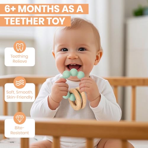 Image of Socub Baby Teething Toys for 0-6 6-12 Months- BPA-Free Food-Grade Silicone & Natural Beech Wood Teether Ring for Newborn Infants Teething Relief- Easy-Grip Sensory Rattle Toys(Cambridge Blue)
