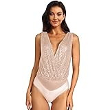 Odizli Body Damen Elegant Sexy Ärmellos V-Ausschnitt Glitzer Pailletten Oberteile Top Festliche Hochzeit Party Sommer Clubwear Bodysuit Women Festival Rave Outfit Blusenbody Kurz Jumpsuit Aprikose M