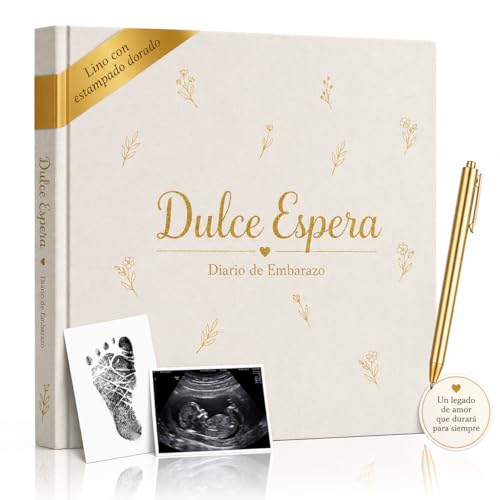 Diario de Embarazo con TAPA DE LINO Semana a Semana para Pegar Fotos, Ecografías y Escribir. Regalo Original para Recién Nacidos Baby Shower y Padres Primerizos con Pegatinas