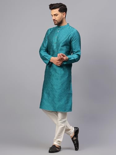 Image of LATEST CHIKAN Men's Silk Chikankari Kurta with Cream Churidar | Festive Set - KP Silk BANARSI