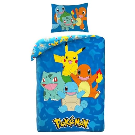 Juego de ropa de cama Pokemon 135 x 200 + 80 x 80 · Pokémon Pikachu, Glumanda, Schiggy & Bisasam · Juego de ropa de cama infantil de 2 piezas funda nórdica + funda de almohada · Tamaño alemán ·