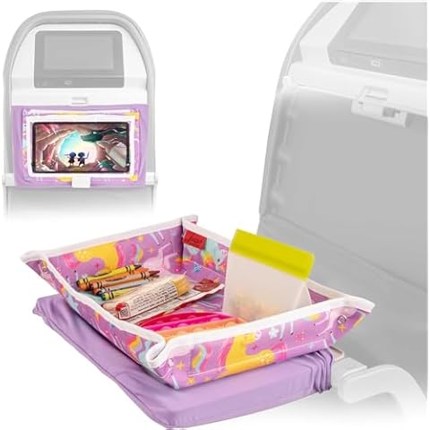 Lusso Gear Kids Tray Table Cover with Pockets - Airplane Travel Essentials for Babies, Toddlers, Adults - Travel Tray for Kids on Plane or Train - Airplane Must Haves and Flying Essentials (Unicorns) Cover
