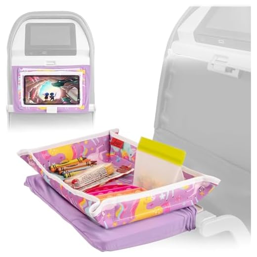 Lusso Gear Airplane Tray Table Cover - Organize Kids Travel Essentials - Snack & Toy Pockets for Airplane Toys for Toddlers 1-3 - iPad and Tablet Stand for Travel Toddler Essentials (Unicorns)