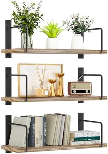 Wooden Wall Shelf Set of 3, Rustic and Decorative Floating Wall S...