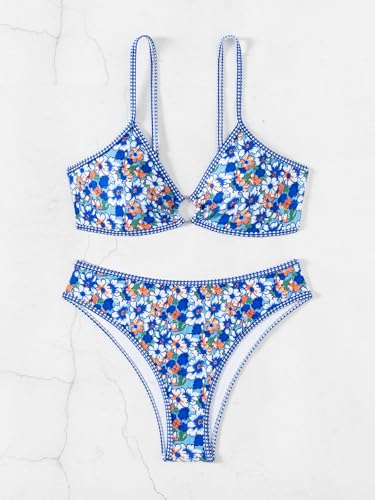 Image of Fanuerg Women's Triangle Bikini Sets O Ring Linked Two Piece Swimsuits Floral Printed Cheeky Bathing Suit
