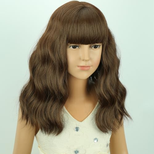 Image of Brown Wig Short Brown Wavy Curly Wigs Wig with Air Bangs Synthetic Cosplay Hair Wigs