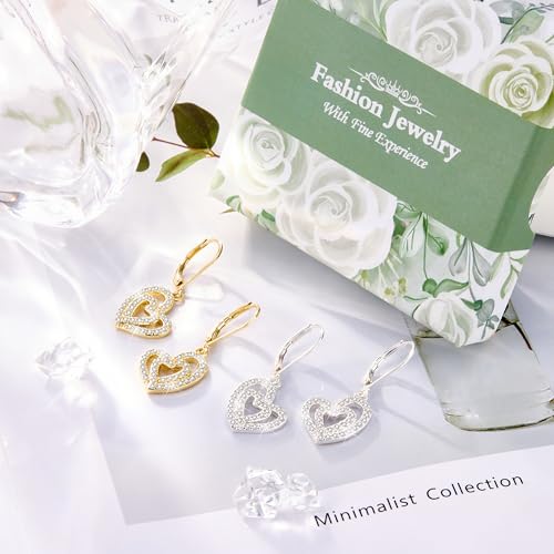 ALEXCRAFT 925 Sterling Silver Heart Leverback Earrings for Women Trendy, Cubic Zirconia Drop Dangle Earrings Jewelry 14K Gold Plated Hypoallergenic Doulbe Love Heart Leverback Dangle Earring4