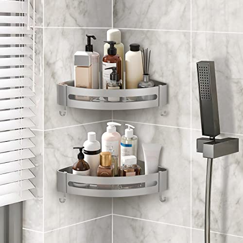 Dusche Ecke Regal, Badezimmer Regale, rostfrei verdicktes Aluminium, Wand montiert Keine Bohrung Dreieck Dusche Caddy Korb mit Haken, Badezimmer Regal Veranstalter für Bad Küche (2 Packungen, Silber) Cover