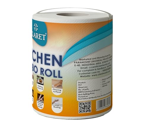 Claret Kitchen Jumbo Towel Tissue Paper Roll Napkin 300 Pulls Each Roll | Soft & Highly Absorbent | 100% Natural | 2 Ply | Pack of 2 Roll | Ideal For Cleaning Kitchen Accesssories Microwave & OTG - Image 2 thumbnail