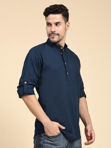 Image of SKAVIJ Men Solid Cotton Long Sleeve Casual Henley Kurta Shirt