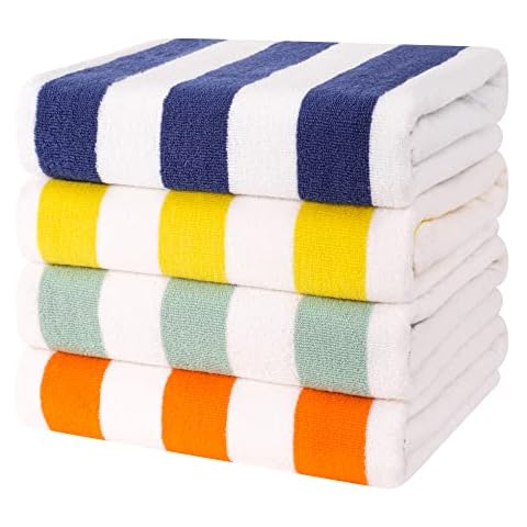 Cotton Paradise, Cabana Stripe Mix Color Beach Towels 4 Packed, 100% Cotton Extra Large Pool Towels, Oversized Swim Towels, Blue - Yellow - Mint - Orange Cover