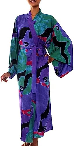 NOVICA Purple Women's Batik Long Robe, Turquoise Ocean' (One Size Fits Most)