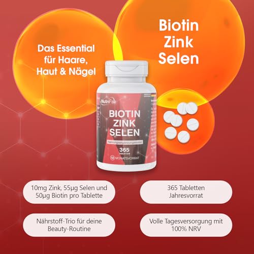 Biotin + Zink + Selen - 365 Tabletten - Haut, Haare & Nägel - Hochdosiert - 100% Vegan – Deutsche Produktion & Laborprüfung - NutriFair | Premium & Fair