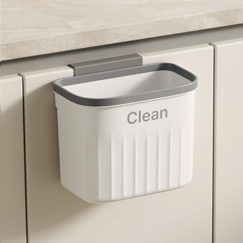 Image of Hanging Trash Can for Kitchen, 2.2 Gallon Kitchen Garbage Bin Food Waste Container Kitchen Compost Bin Wall Mounted Trash Can for Kitchen Cupboard Bathroom Bedroom Office Under Sink - White