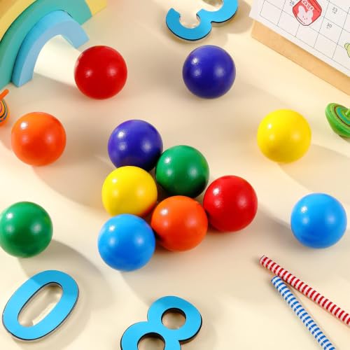 Image of Bucherry 6 Pcs Montessori Wooden Balls 1.8 Inch Wooden Replacement Ball Educational Counting Toys Preschool Learning Material and Stacker Matching (Bright Color)