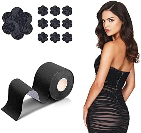 Medimama Invisible Breast Lift Tape with Lace Petal Backless Nipple Cover, Boob Tape Boobytape for Breast Lift A-D Cup Black