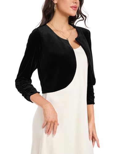 MINTLIMIT Velvet Bolero Shrug for Women 3/4 Ruched Sleeve Open Front Cropped Cardigan Cocktail Party Shrugs2