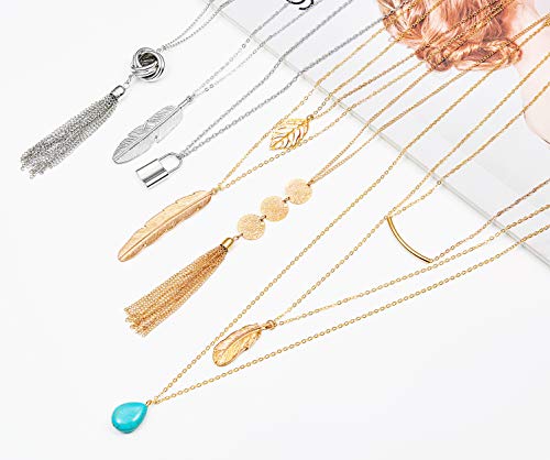 Fecsiory 12 Pcs Long Pendant Necklace for Women, Gold Bar Feather Triangle Leaf Lock Tassel Y Necklace Jewelry Set4