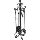 5 Pieces Scroll Fireplace Tools Set Black Cast Iron Fire Place Toolset with Log Holder Fireset Fire Pit Stand Rustic Tongs Shovel Antique Broom Chimney Poker Wood Stove Hearth Accessories Set
