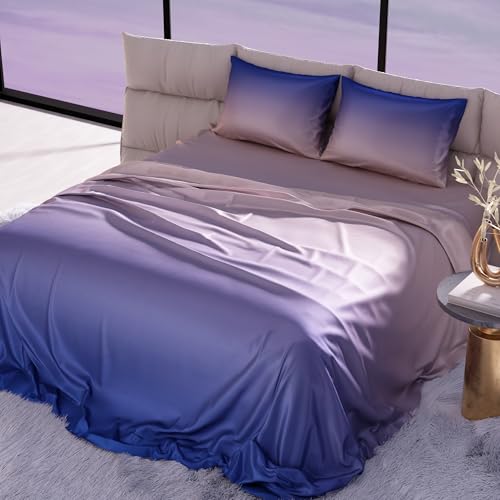 Image of Stoa Paris Satin Bedsheets for Super King Size Bed with 2 Pillow Covers, 300 TC UltraSatin Premium Bedding Set, Gifts for Couples, Wedding, Home Furnishing, Skies of Paris Collection - Taupe, Sapphire