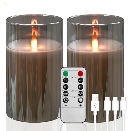 Bougies rechargeables LED 3D en verre gris avec télécommande et minuterie pratique
