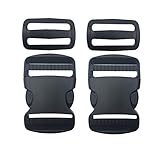 2 Set 1.5 Inch Flat Dual Adjustable Plastic Quick Side Release Plastic Buckles and Tri-Glide Slides for Luggage Straps Pet Collar Backpack Repairing (Black, Fit for 1.5”/38mm Webbing Straps)