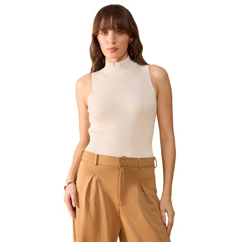 98 Degree Women Pure Cotton Turtle Neck Sweater Has A Sleeveless & Straight Hem-AW25AZG1124-OFF White_XL Deal
