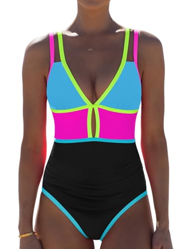 Image of popvil Women One Piece Swimsuit 2026 Tummy Control Sexy Cutout Neon Color Block Bathing Suit Slimming Adjustable Swimwear