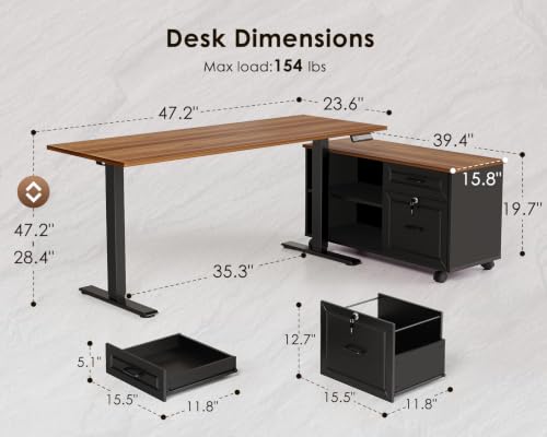 Image of OffiGo 48 Inch L Shaped Electric Standing Desk with Drawers & File Cabinet Sets, Executive Sit Stand Desk, Height Adjustable Computer Desk for Home Office, Writing, Workstation, Walnut+Black