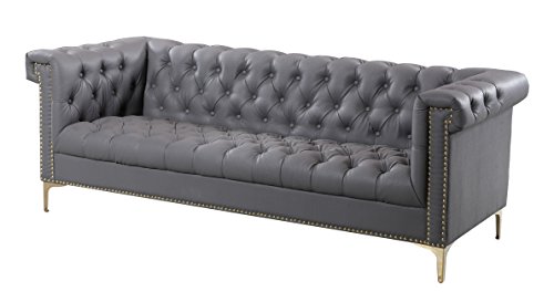Iconic Home Winston Nail Head Tone Legs Pu Leather Modern Contemporary Button Tufted With Gold Nailhead Trim Goldtone Metal Y-Shaped Feet Sofa, Grey #TOP2