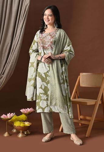 Image of Amazon Brand - Tavasya Women Cotton Anarkali Kurta Pant Dupatta Set | Printed Ethnic Suit Set | Flared Anarkali Kurta with Pant & Dupatta | Festive & Casual Wear