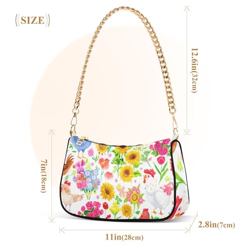Zipper Hobo Purse Bags Colorful Chicken Spring Flowers Clutch Handbag Women Floral Shoulder Purses with Chain Strap3