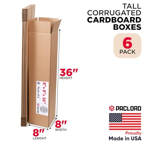 Image of Tall Cardboard Boxes 8 inchL x 8 inchW x 36 inchH (Pack of 6) - USA-Made Packing Boxes for Moving, Shipping, or Storage - USPS, UPS, FedEx Approved - Professional Packing Supplies for Moving | USA-Made Packing Boxes for Moving, Shipping, or Storage - USPS, UPS, FedEx Approved - Professional Packing Supplies