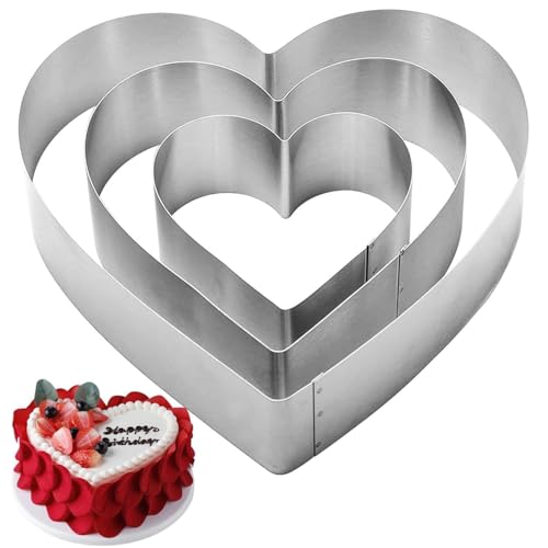 QEEYON 3 Emporte Piece Coeur de 10/15 /20 cm, Cercle à Gâteau Anneau Moule Coeur en Acier Inoxydable pour Gâteaux, Pâtisseries, Cuisson Pizza,...