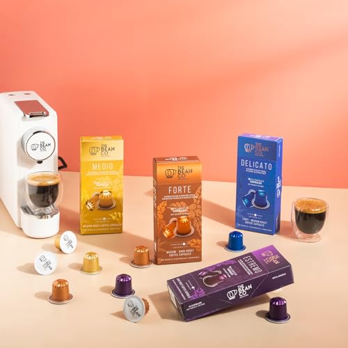 Image of THE BEAN CO Roasters Espresso Coffee Capsule Machine - With 80 Coffee Pods- 19 Bar Pressure- Coffee Machine for Home|Nespresso Compatible |Compact Design |Black