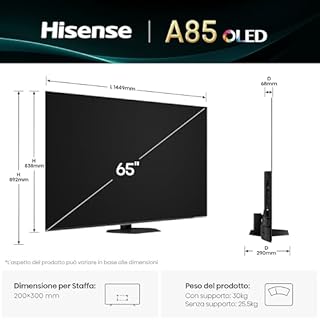 Hisense Smart TV OLED 65" 4K 65A8DQ, Smart TV VIDAA con 1000+APP, Dolby Vision IQ, HDR 10+ Adaptive, 120Hz Game Mode PRO, Audio Dolby Atmos