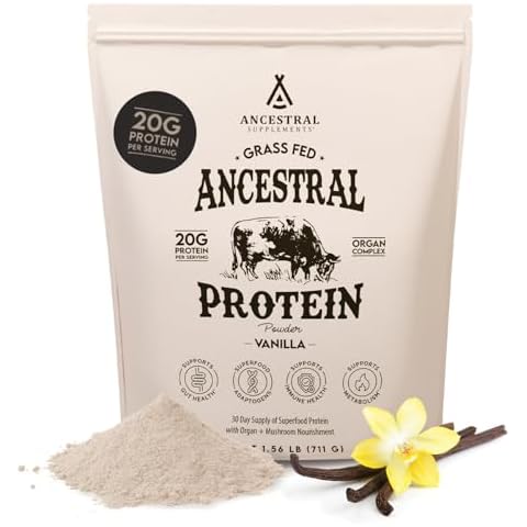 Ancestral Supplements Grass Fed Protein Powder, Vanilla, Beef Bone Broth Based with Beef Organs & Organic Mushrooms, Gut Health Support, High Protein Supplement, 20g Protein Per Serving, 30 Day Supply Cover