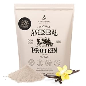 Ancestral Supplements Grass Fed Protein Powder, Vanilla, Beef Bone Broth Based with Beef Organs & Organic Mushrooms, Gut Health Support, High Protein Supplement, 20g Protein Per Serving, 30 Day Supply