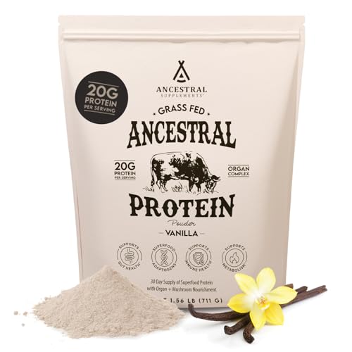 Ancestral Supplements Grass Fed Protein Powder, Vanilla, Beef Bone Broth Based with Beef Organs & Organic Mushrooms, Gut Health Support, High Protein Supplement, 20g Protein Per Serving, 30 Day Supply